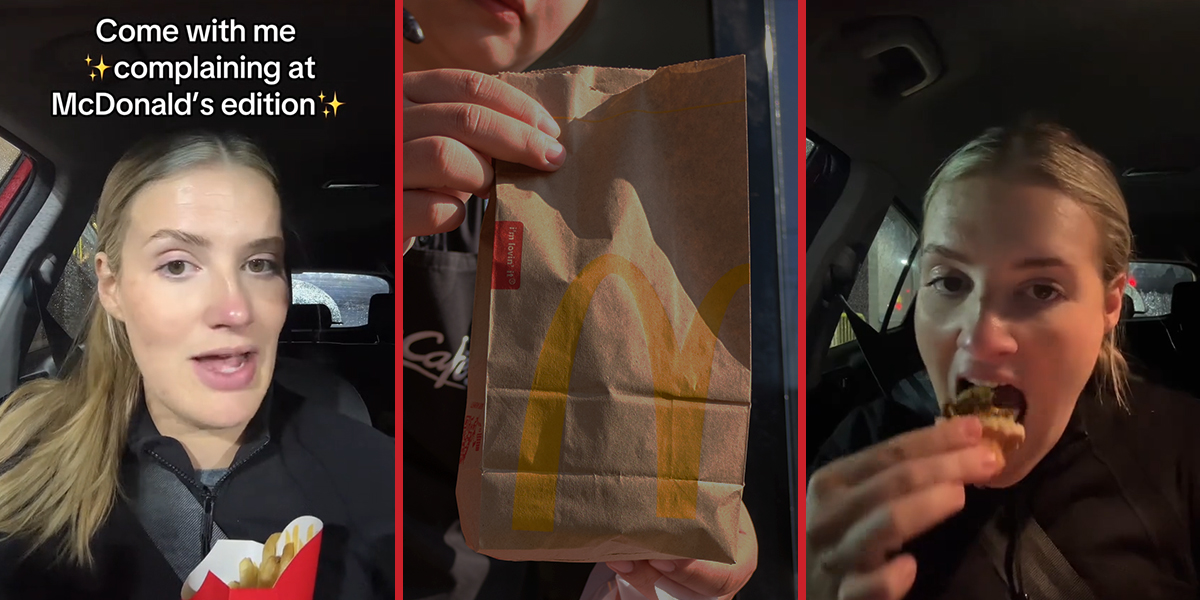 McDonald's customer speaking in car with caption "Come with me complaining McDonald's edition" (l) McDonald's drive-thru worker holding bag (c) McDonald's customer eating in car (r)