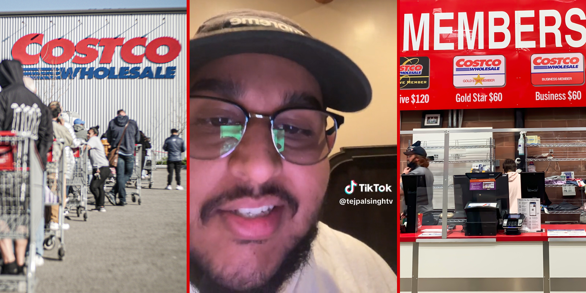 People waiting in line at Costco (l) man in room (c) membership desk (r)