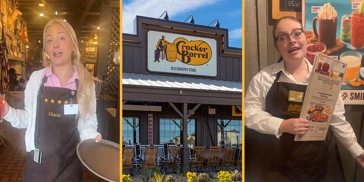 Cracker Barrel worker speaking (l) Cracker Barrel (c) Cracker Barrel worker speaking (r)