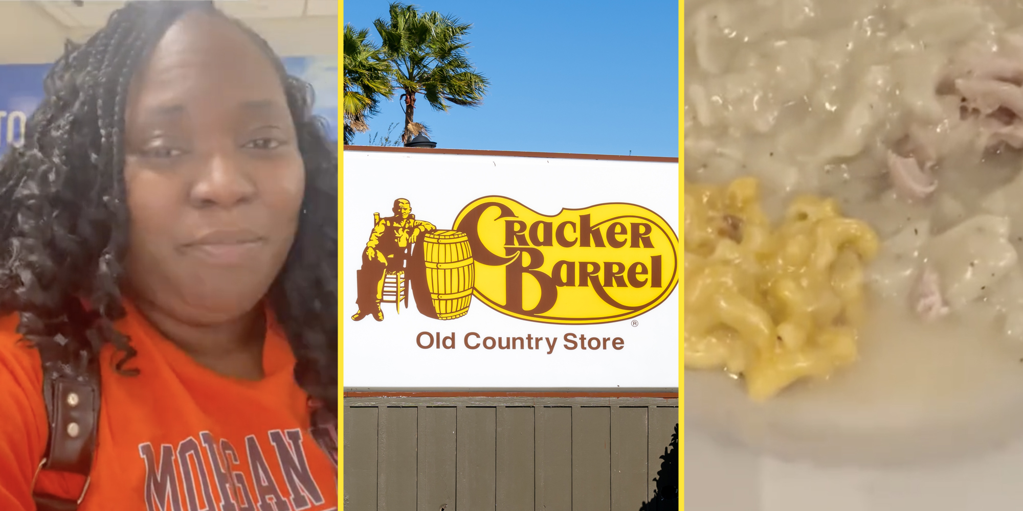 Woman(l), Cracker Barrel sign(c), Gross food(r)