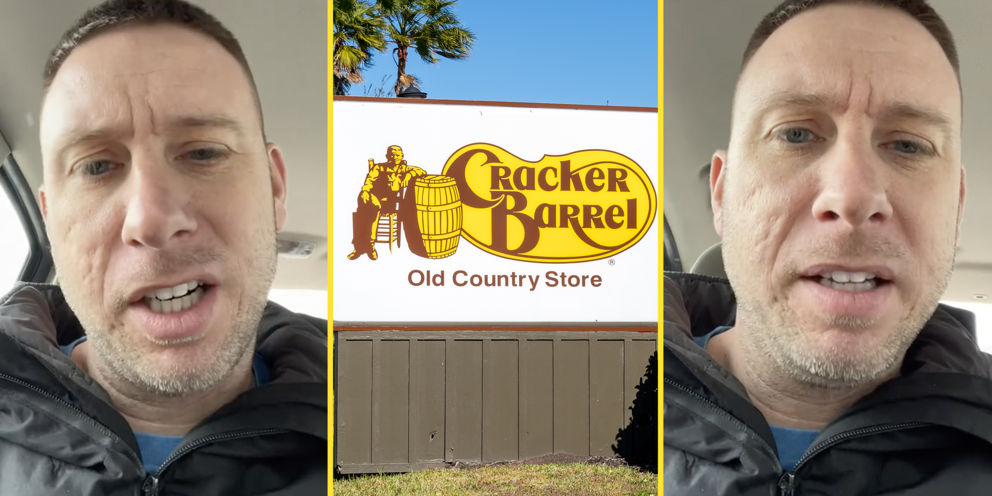 Man talking(l+r), Cracker Barrel sign(c)