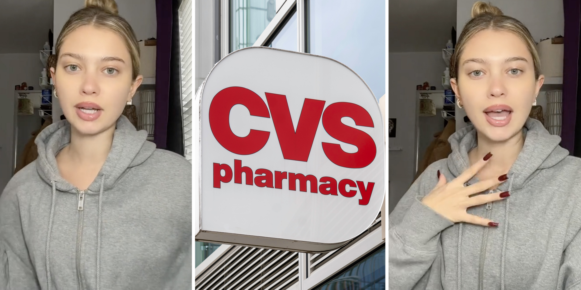 Woman talking(l+r), CVS sign(c)