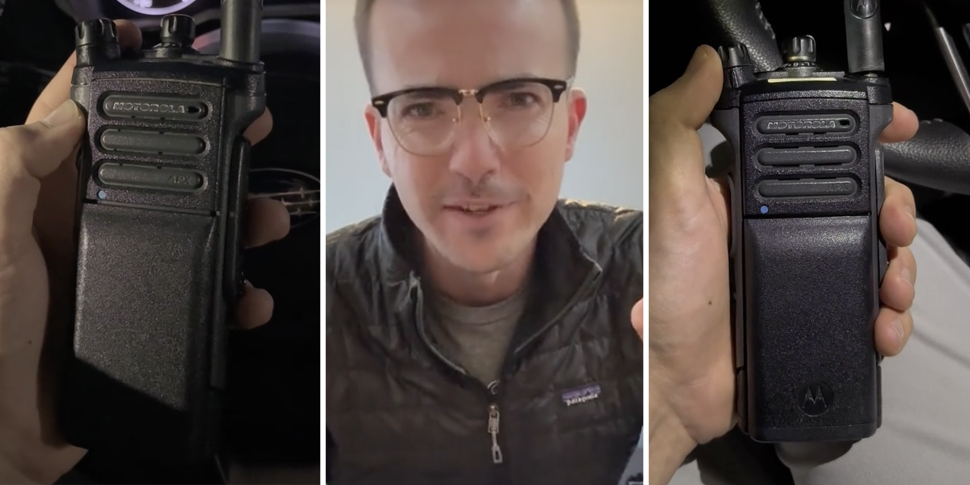 Hand holding walkie talkie(l+r), Man talking(c)