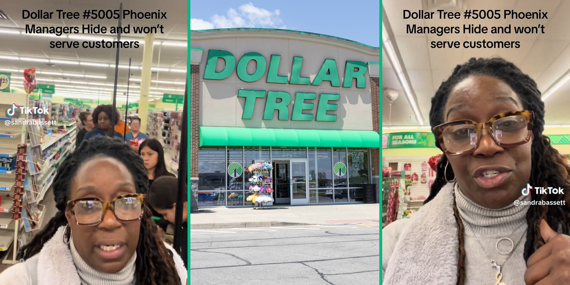 woman in line at Dollar Tree with caption "Dollar Tree #5005 Phoenix Managers Hide and won't serve customers" (l&r) Dollar Tree sign (c)