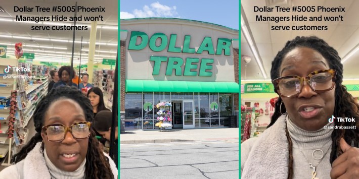 woman in line at Dollar Tree with caption "Dollar Tree #5005 Phoenix Managers Hide and won't serve customers" (l&r) Dollar Tree sign (c)