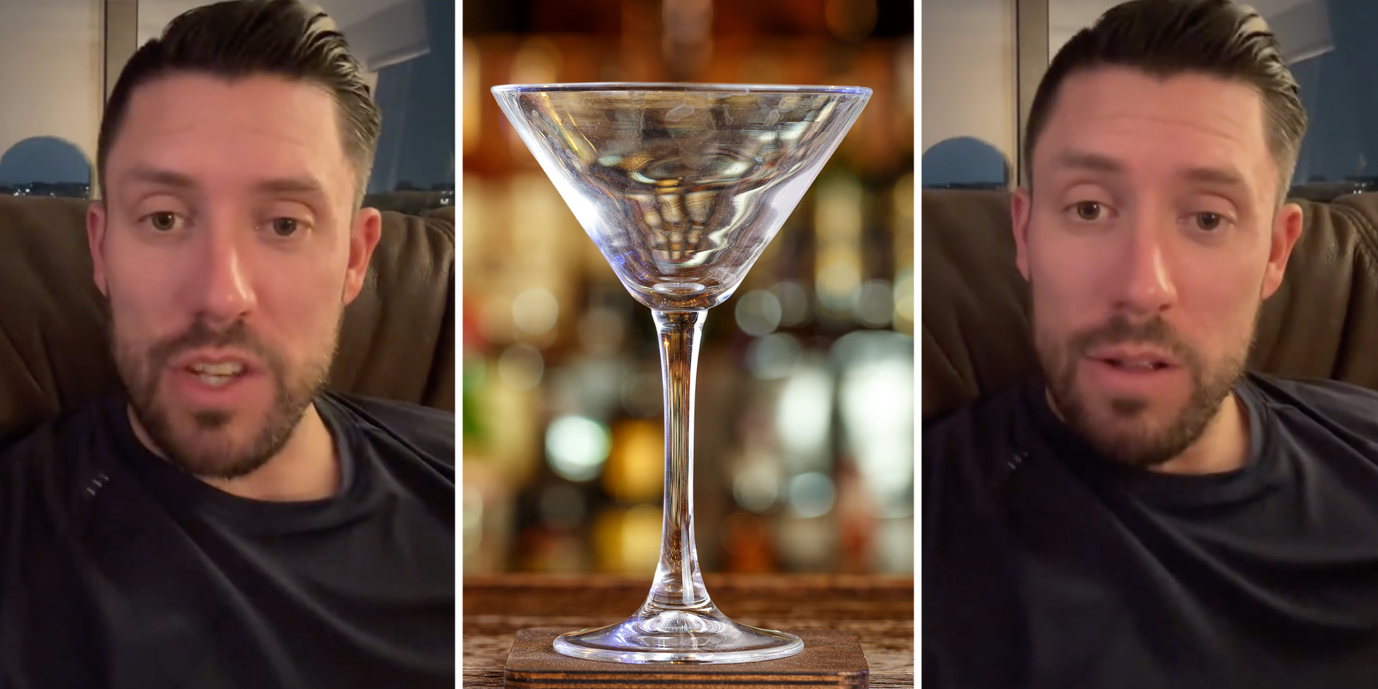 Man talking(l+r), Empty martini glass(c)