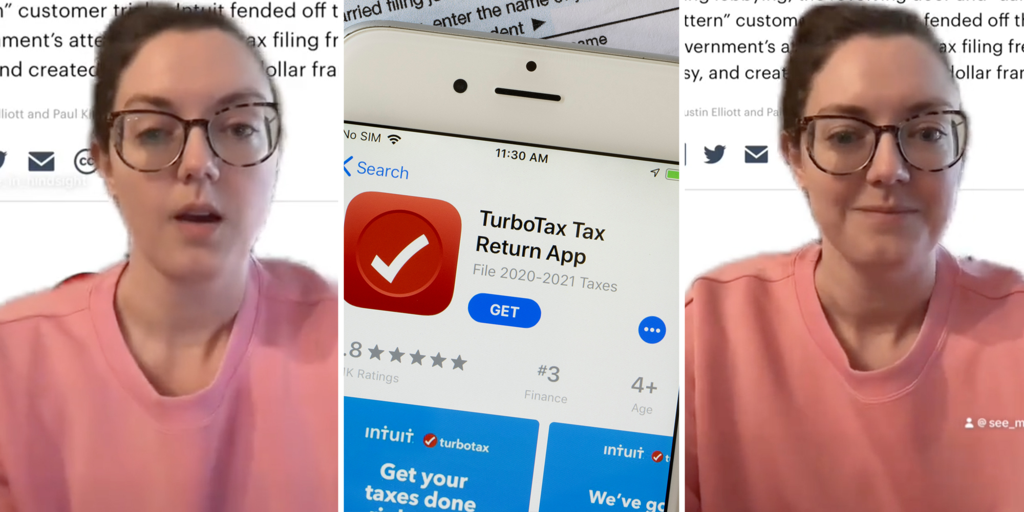 Woman talking(l+r), Turbotax app on phone(C)