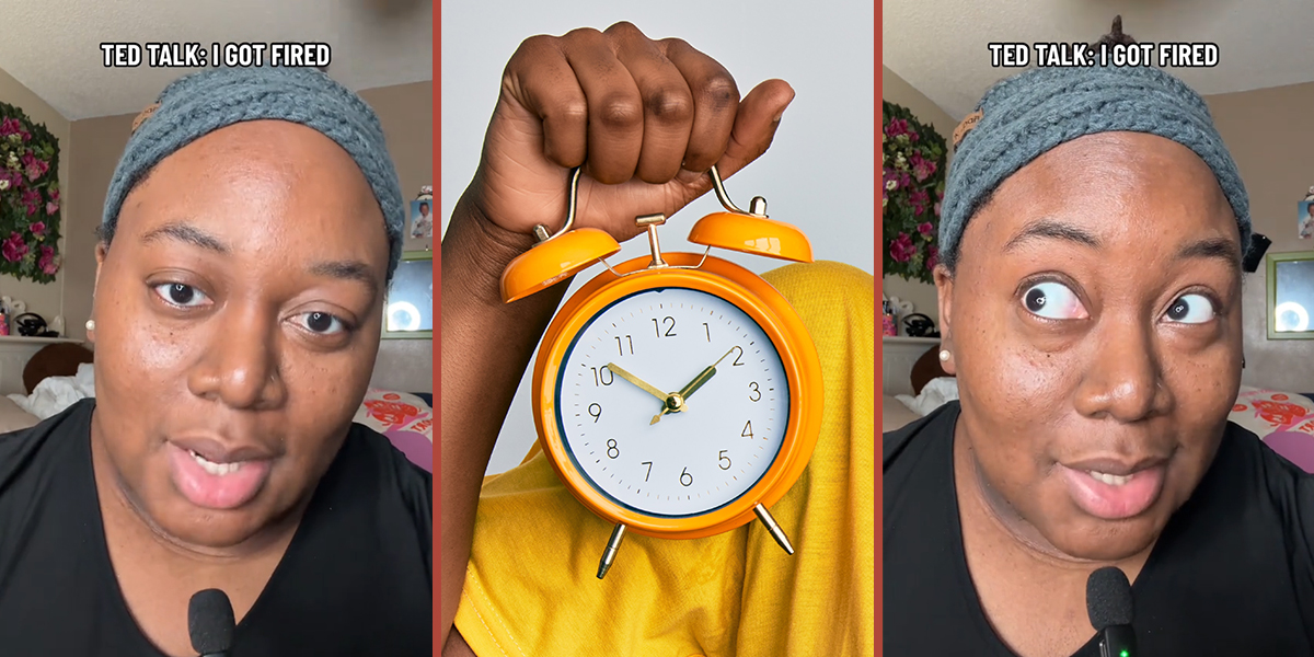 worker speaking with caption "TED TALK: I GOT FIRED" (l) hand holding clock (c) worker speaking with caption "TED TALK: I GOT FIRED" (r)
