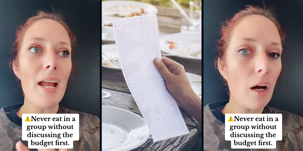 woman speaking with caption "Never eat in a group without discussing the budget first." (l) hand holding dinner bill (c) woman speaking with caption "Never eat in a group without discussing the budget first." (r)