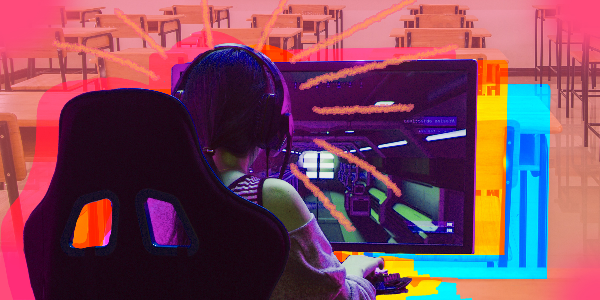 Girl on computer playing game super imposed over classroom