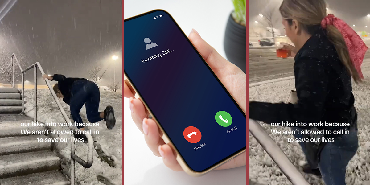 worker walking in snow holding on to railing with caption "our hike into work because we aren't allowed to call in to save our lives" (l) hand holding phone with incoming call (c) worker walking in snow holding on to railing with caption "our hike into work because we aren't allowed to call in to save our lives" (r)