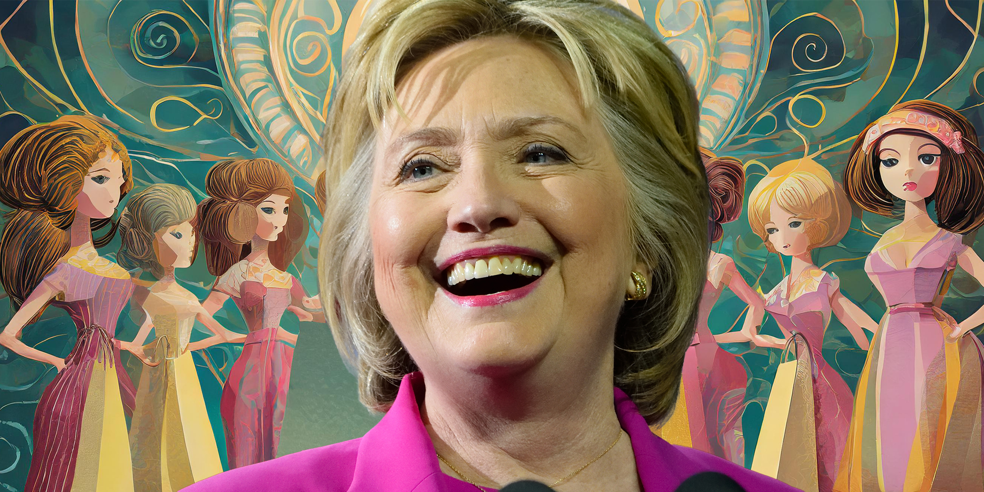 Hillary Clinton with dolls in background