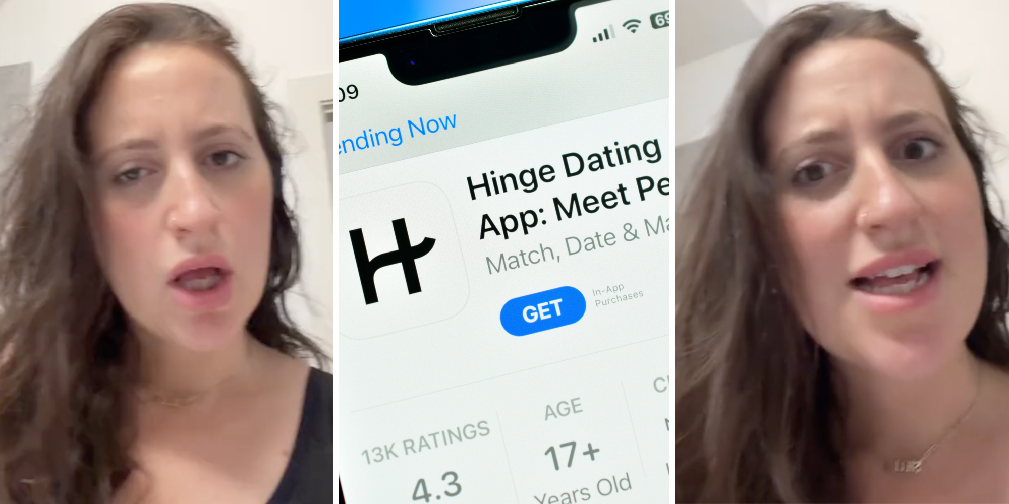 Woman talking(l+r), Hinge app on phone(c)