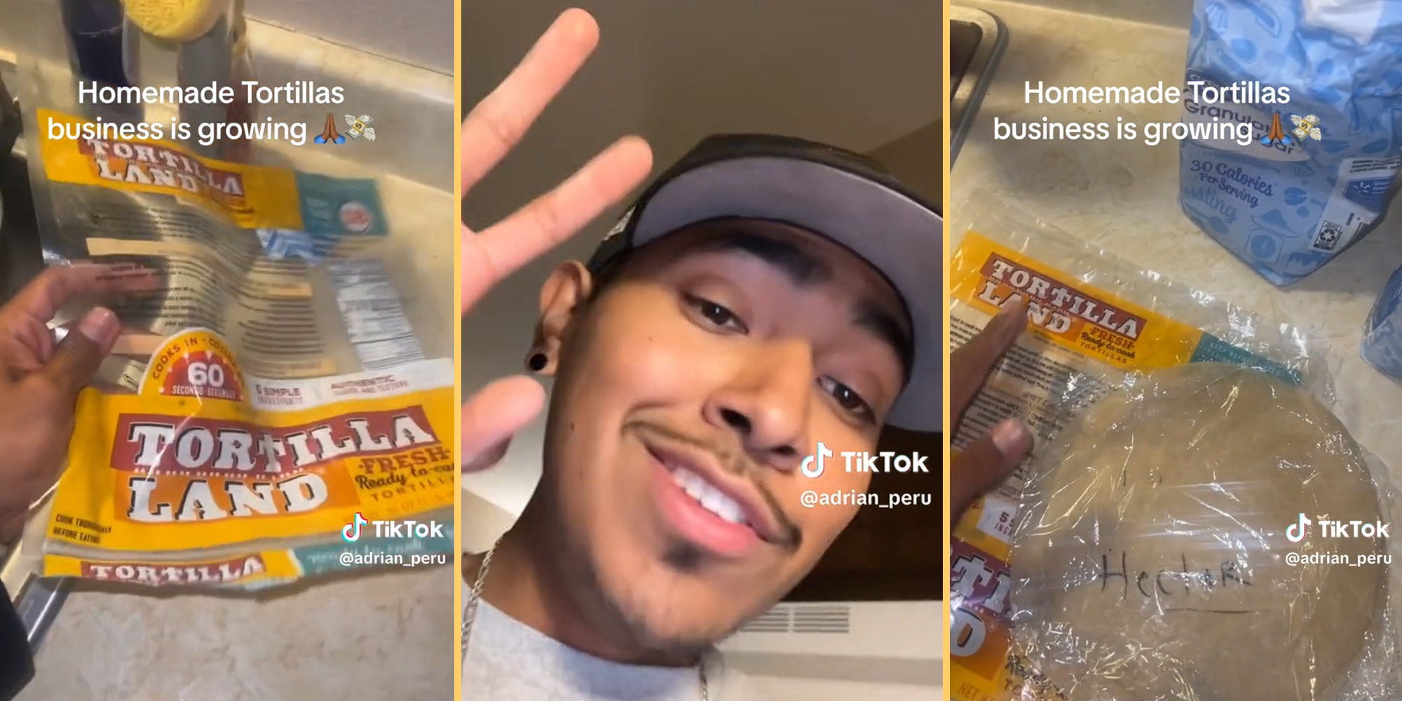 hand holding empty tortilla bag (l) young man (c) tortillas in plastic wrap with "Hector" written on it (r) caption "Homemade Tortillas business is growing"