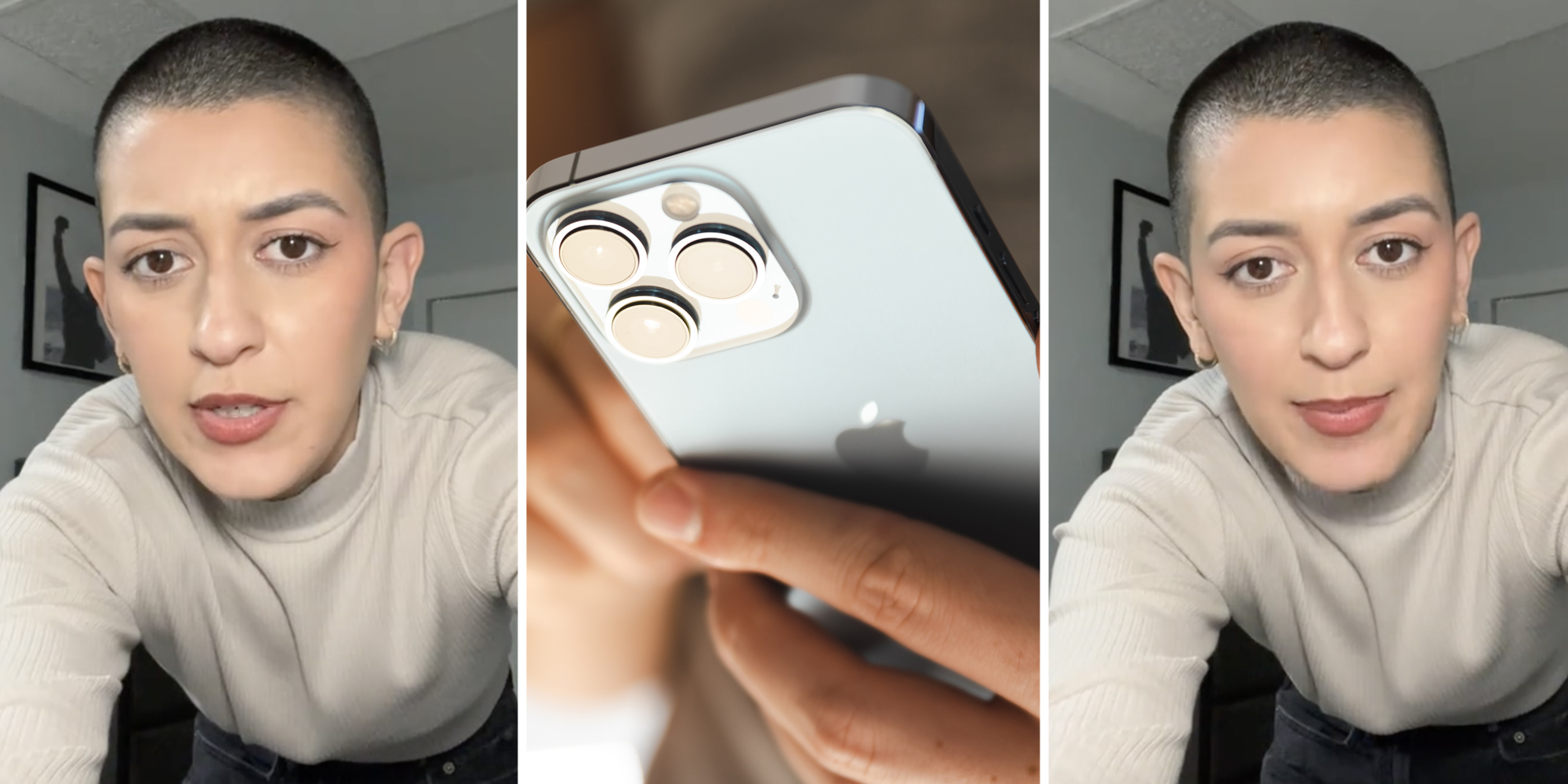 Woman talking(l+r), Hand taking picture with iphone(c)