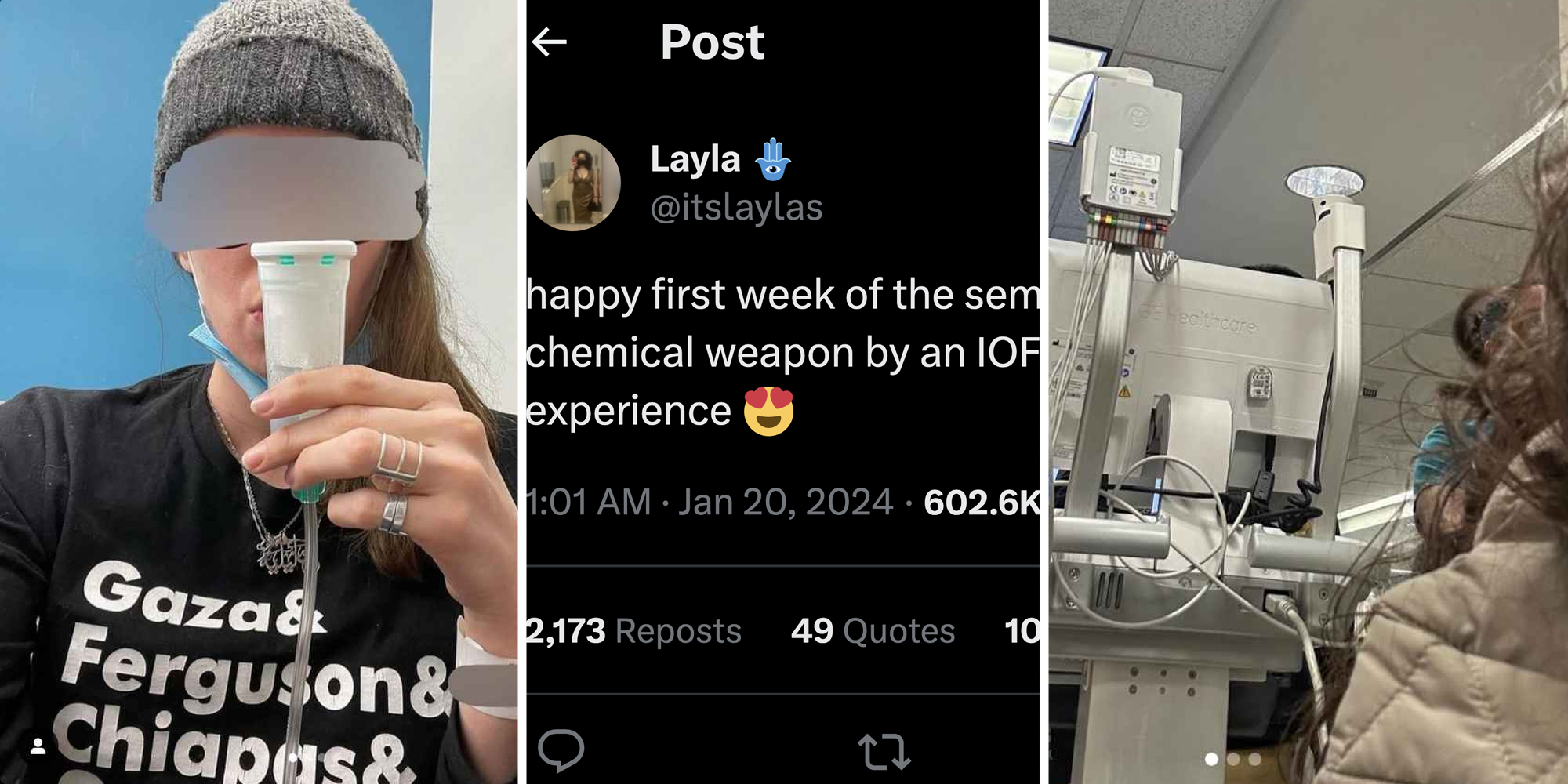 Person with hospital equiment(l+r), Tweet(c)