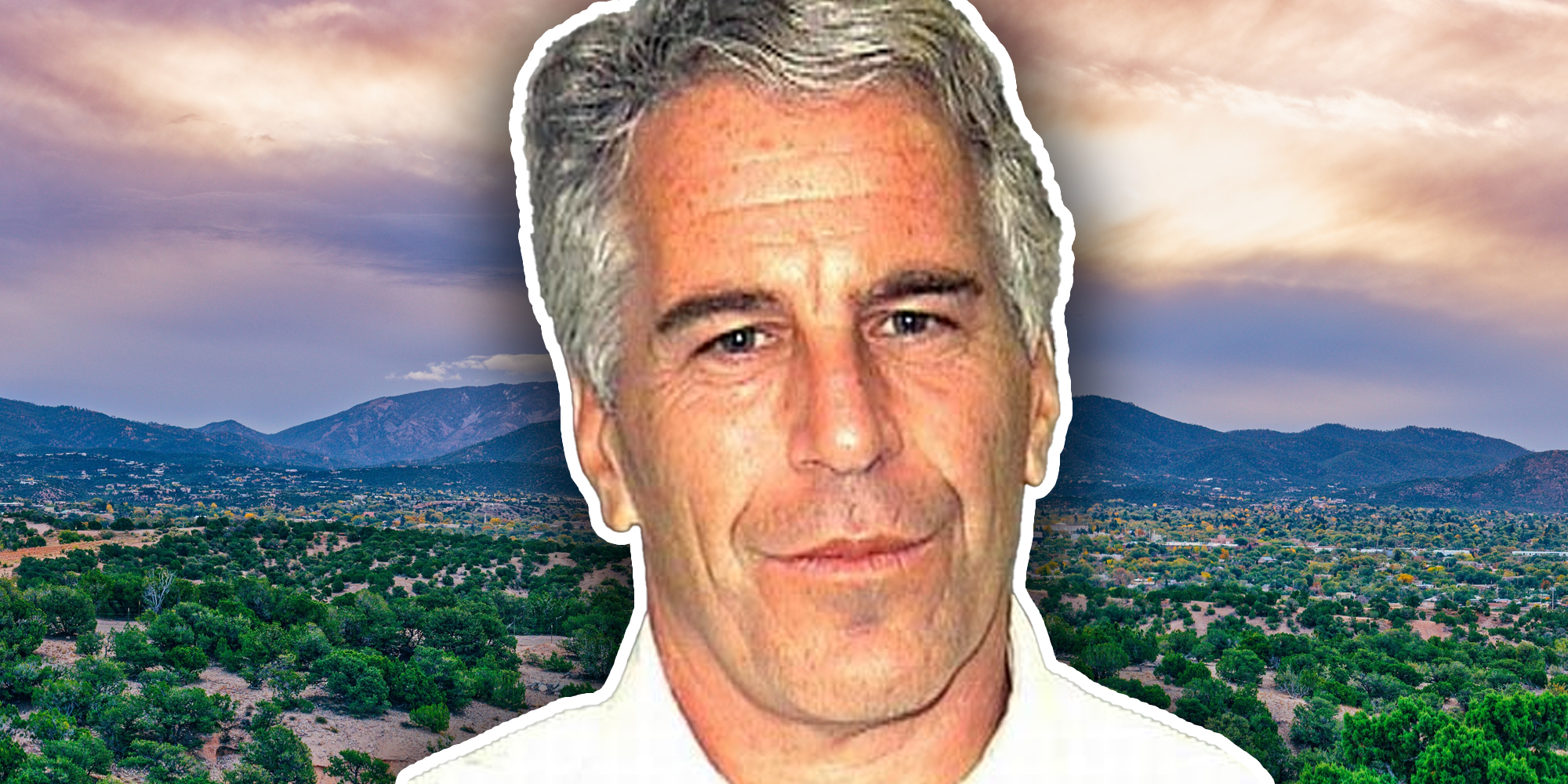 Jeffrey Epstein over Santa Fe, New Mexico landscape
