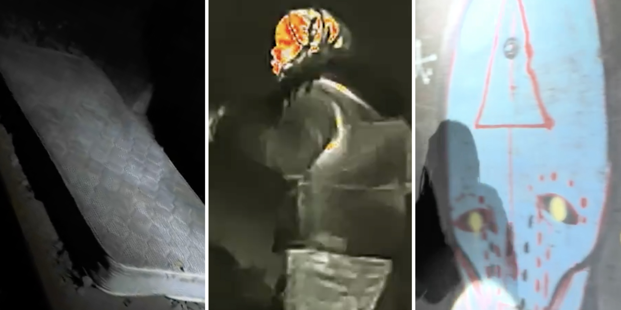 Mattress(l), Radar person(c), Grafitti(r)