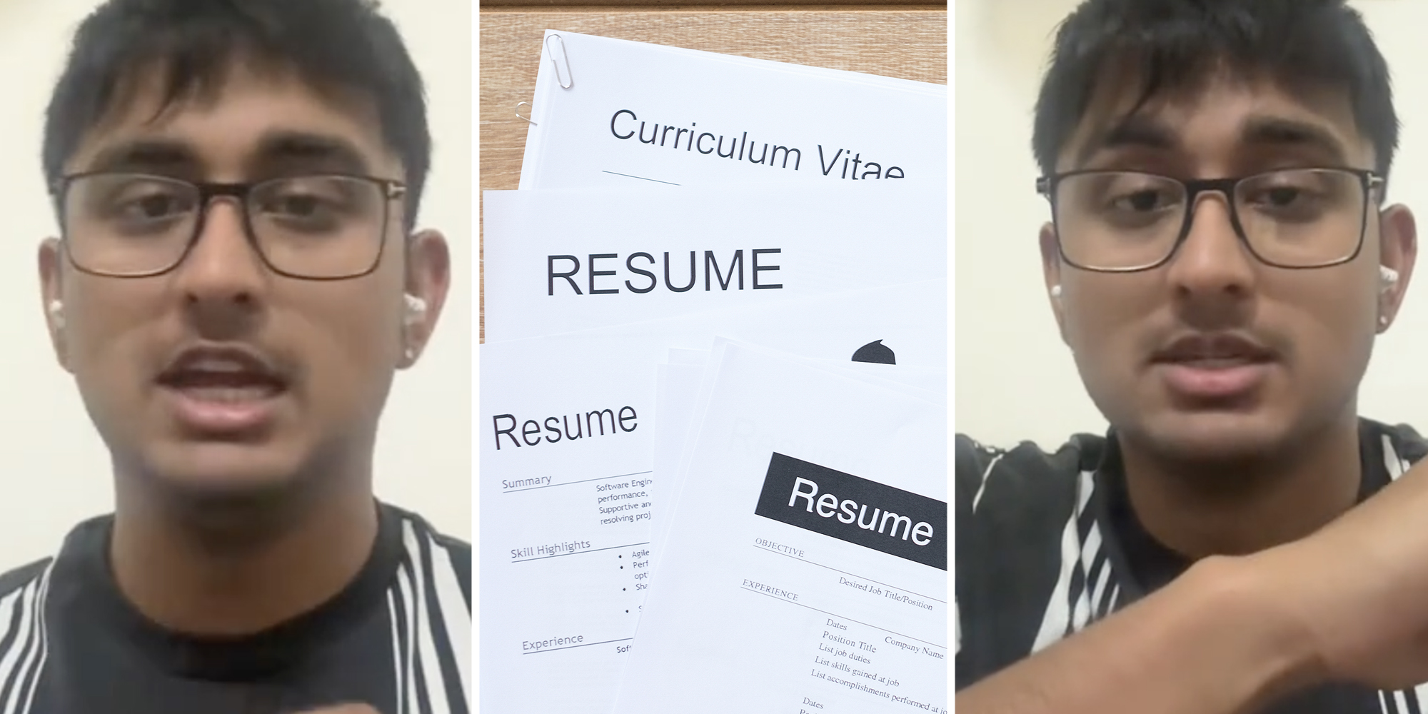 Man talking(l+r), Several resumes(c)