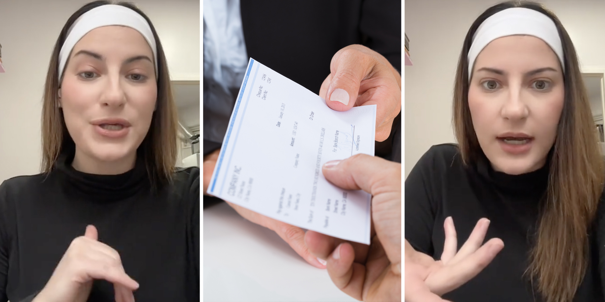 Woman talking(l+r), Hands passing a check(c)