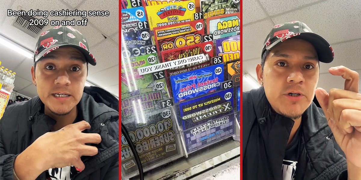 cashier speaking with caption "Been doing cashiering sense 2009 on and off" (l) lottery tickets (c) cashier speaking (r)