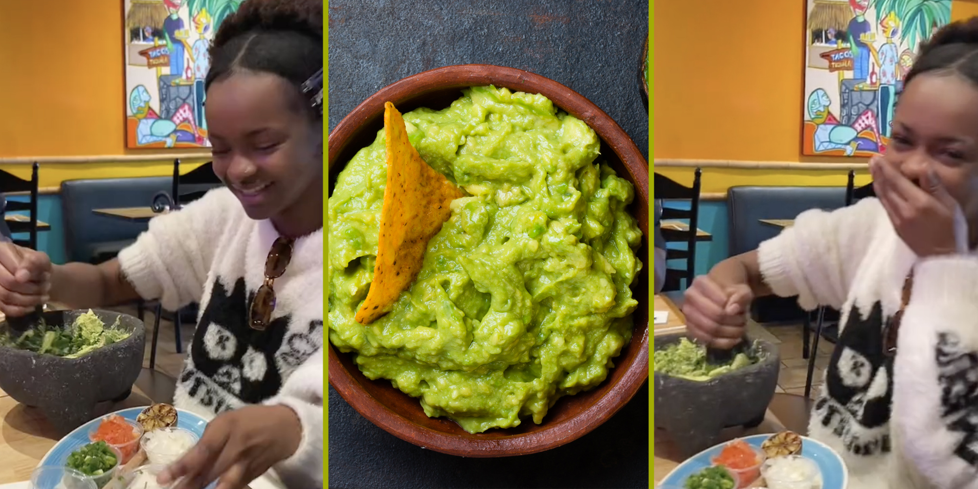Woman making guacamole(l+r), Guacamole(c)
