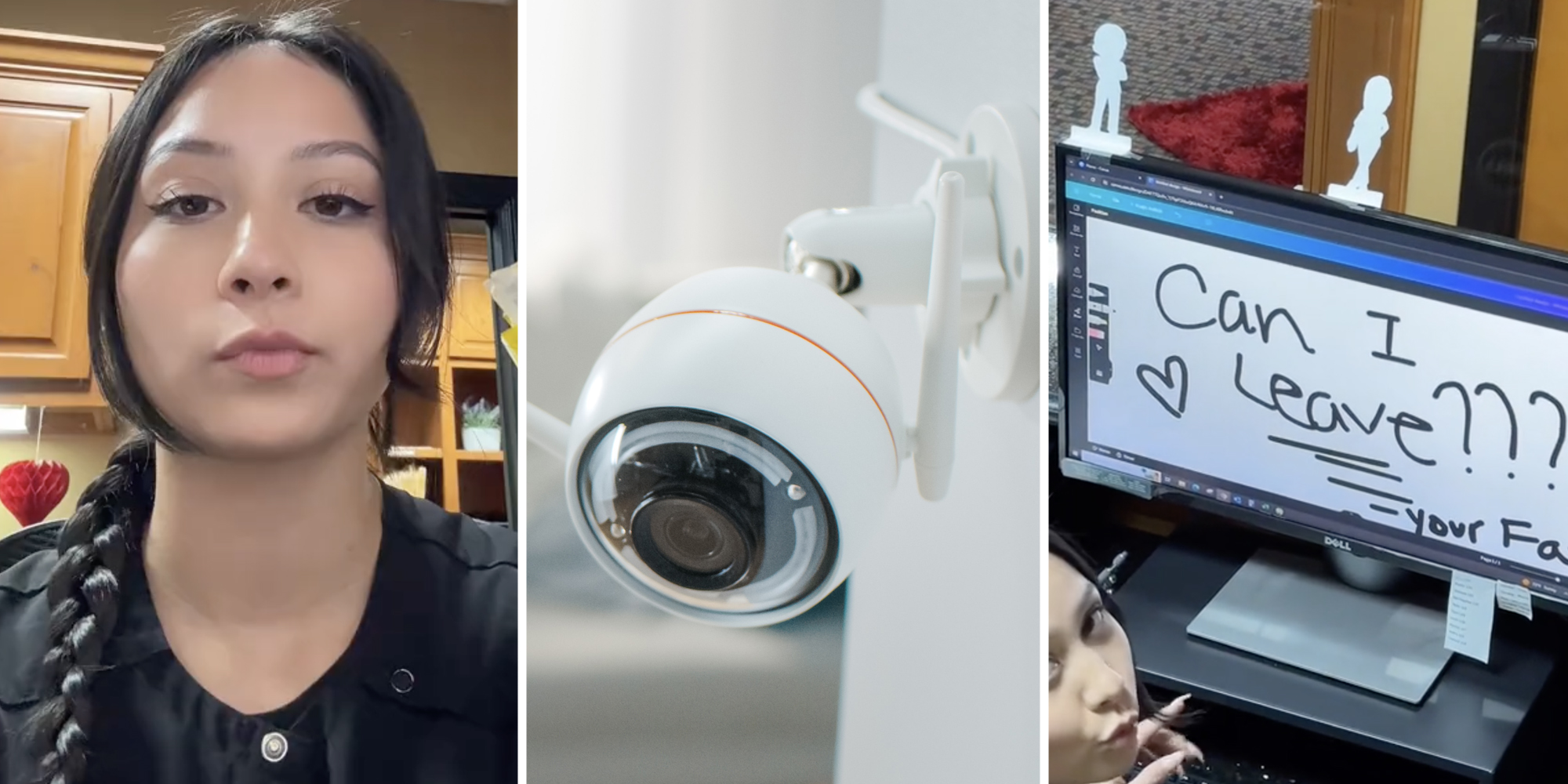 Woman(l), Security camera(c), Computer monitor saying "can i leave???"