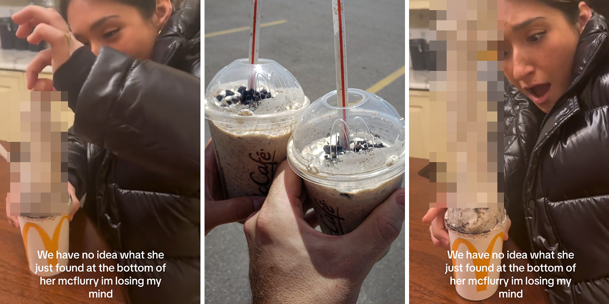 McDonald's customer pulling blurred item from McFlurry with caption "We have no idea what she just found at the bottom of her mcflurry im losing my mind" (l) mcFlurries in hands (c) McDonald's customer pulling blurred item from McFlurry with caption "We have no idea what she just found at the bottom of her mcflurry im losing my mind" (r)