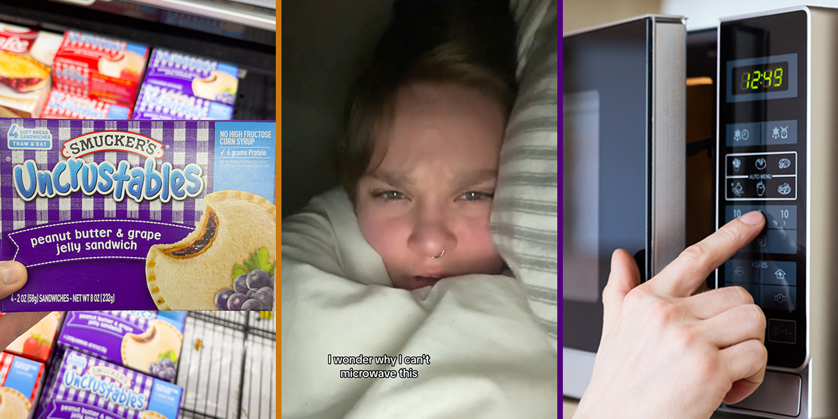 hand holding Uncrustables (l) person speaking with caption "I wonder why I can't microwave this" (c) hand pressing button on microwave (r)