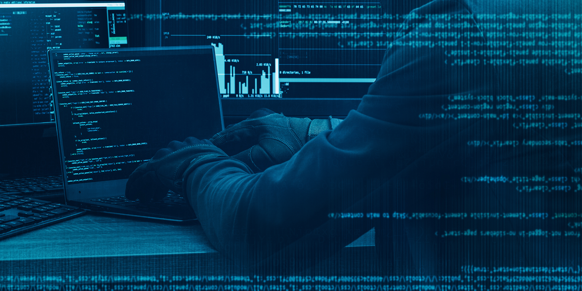 Hacker working on a code on dark digital background with digital interface around.