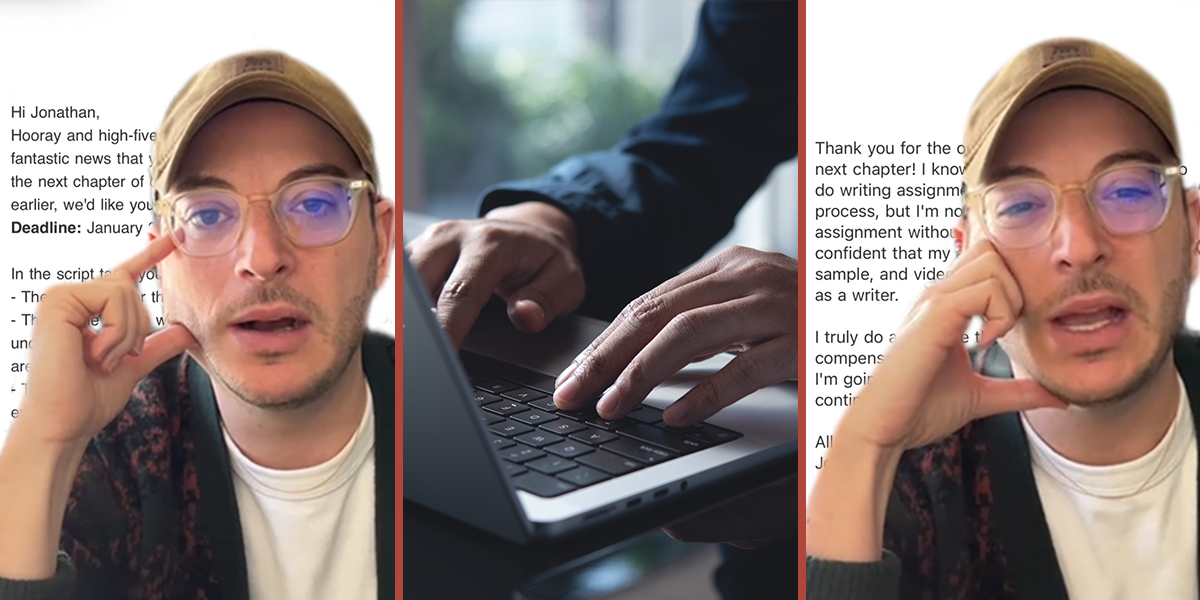 man greenscreen TikTok over email (l) man typing on laptop (c) man greenscreen TikTok over email (r)