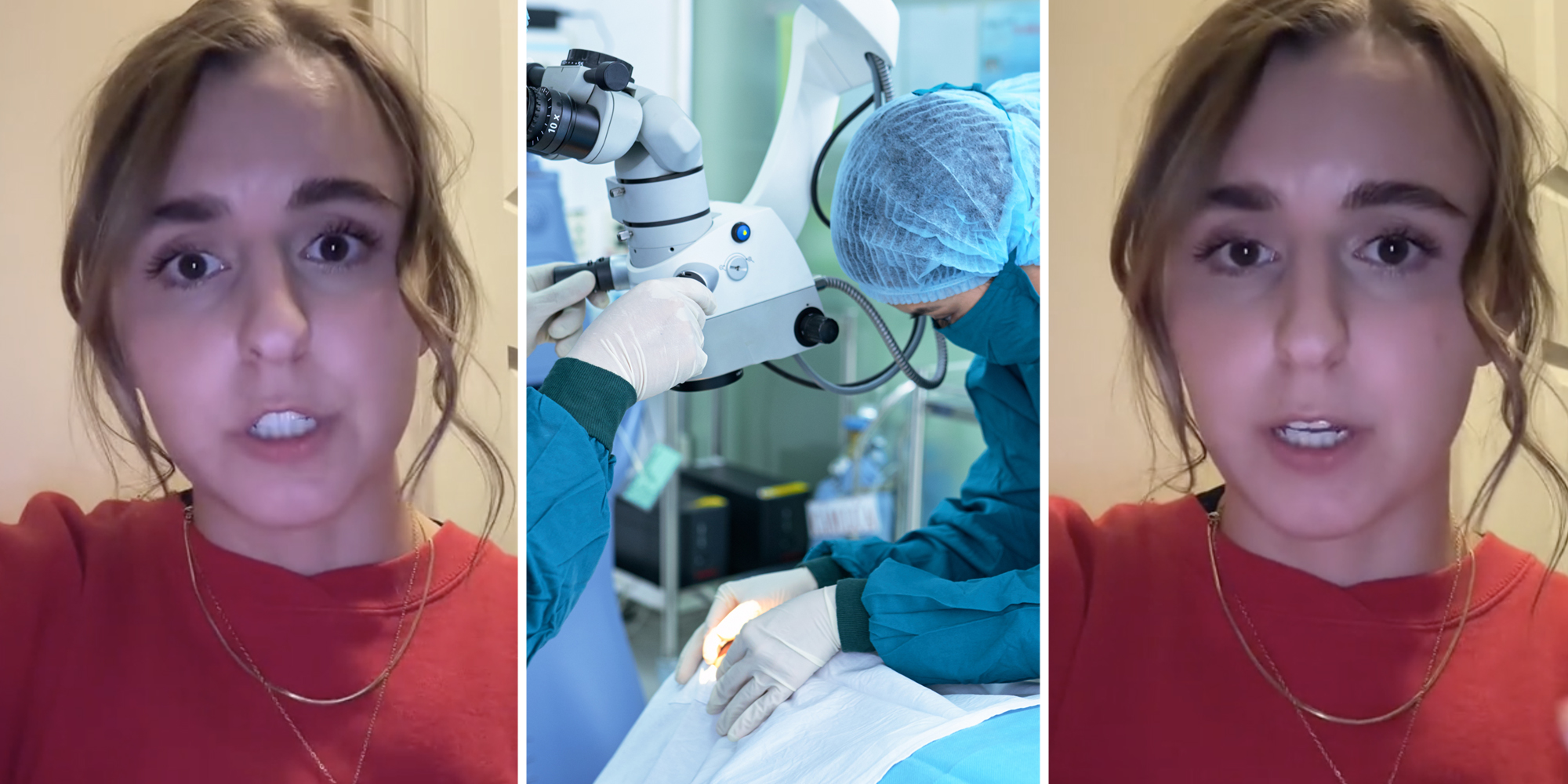 Woman talking(l+r), Doctors doing surgery(c)