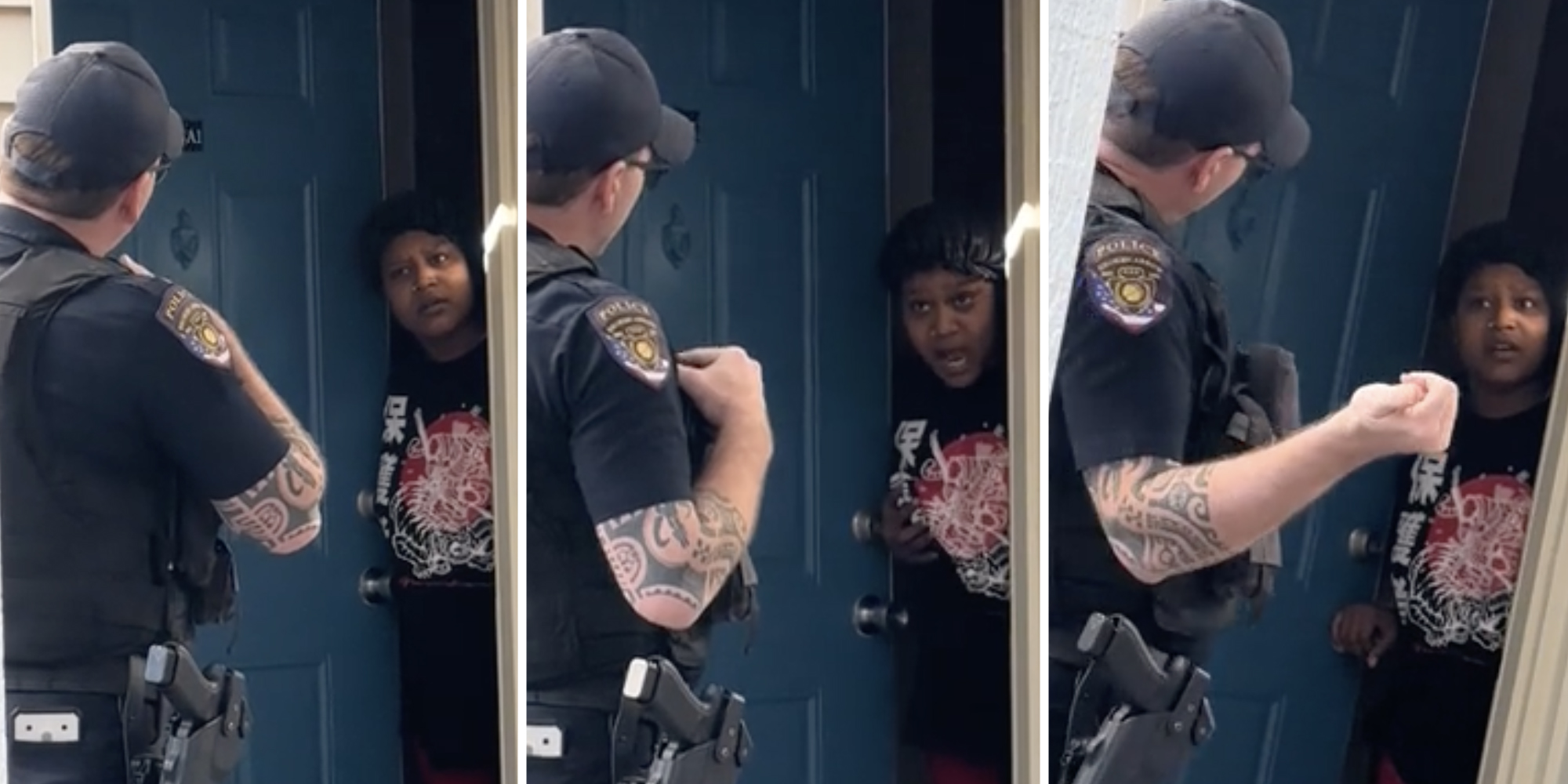 Police at woman's door(three split)