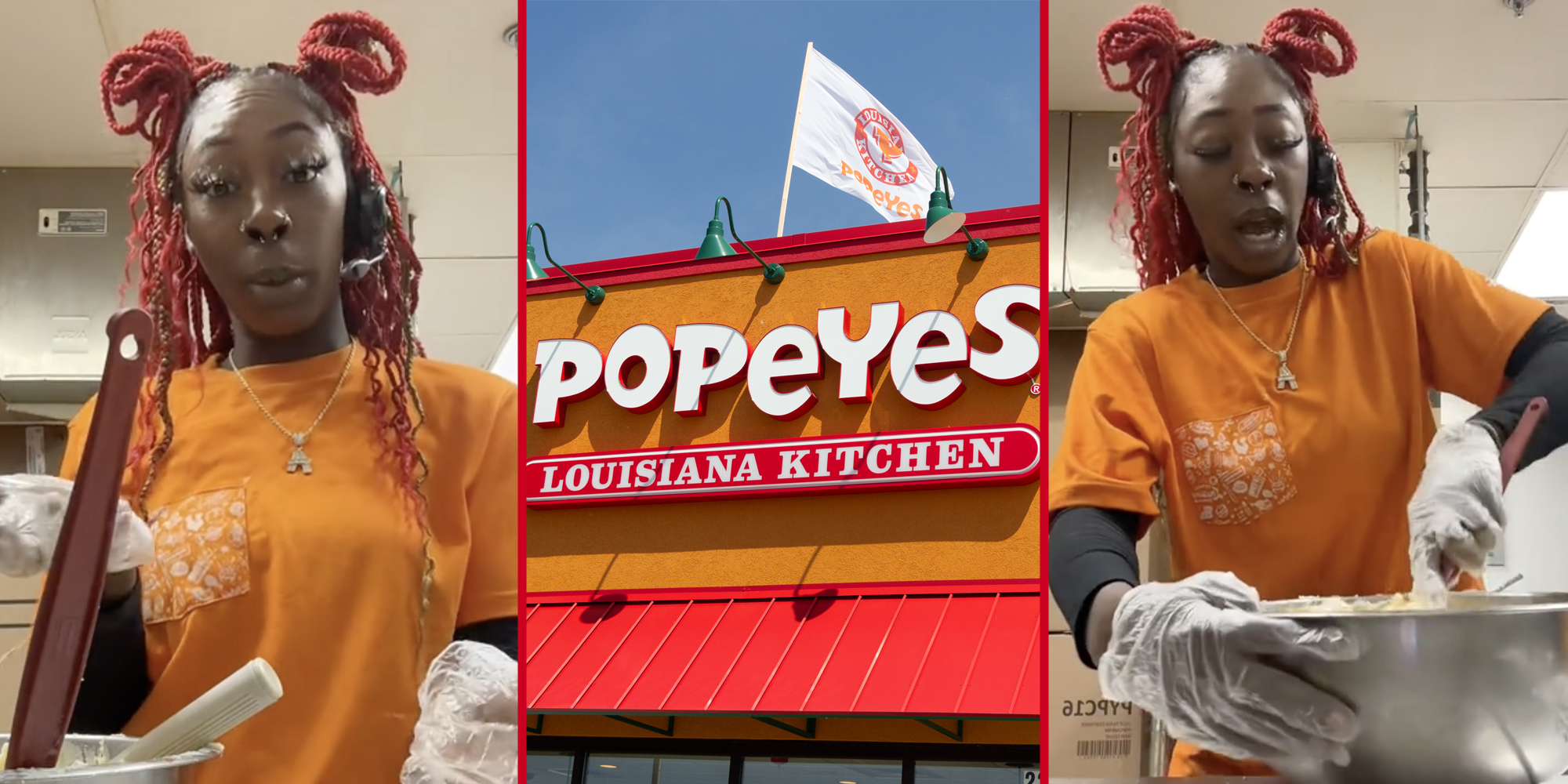 Popeyes worker making food(l+r), Popeyes storefront(c)