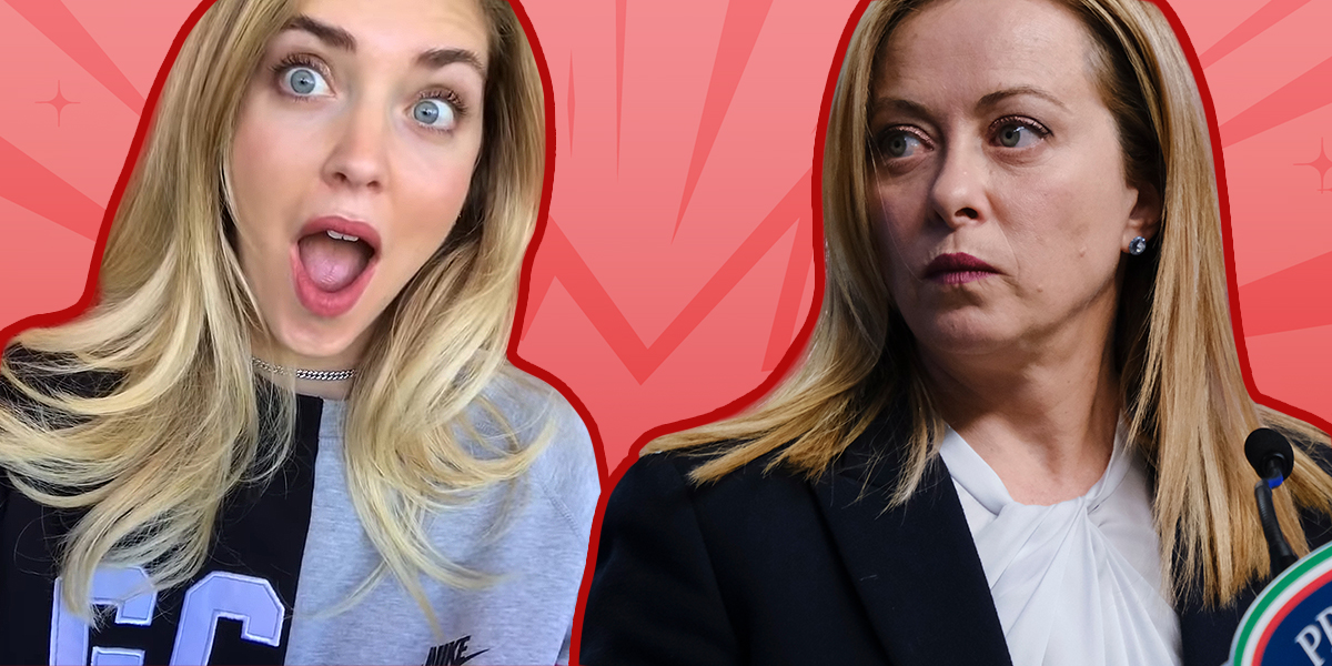 Chiara Ferragni and Italy's Prime Minister Giorgia Meloni in front of red background