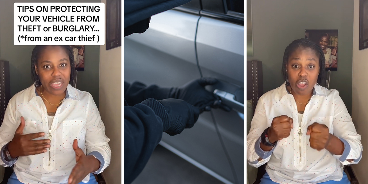 woman speaking with caption "TIPS ON PROTECTING YOUR VEHICLE FROM THEFT or BURGLARY...(*from an ex car thief) (l) car thief trying to open door (c) woman speaking (r)
