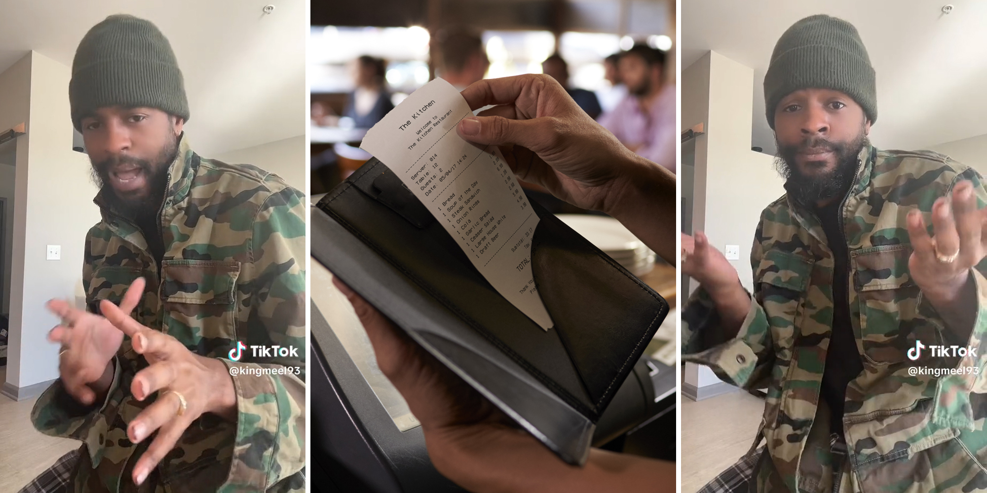 man speaking (l&r) restaurant server with bill (c)