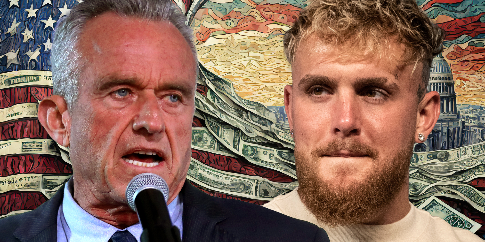 RFK Jr (l) Logan Paul (r) in front of American flag made from money