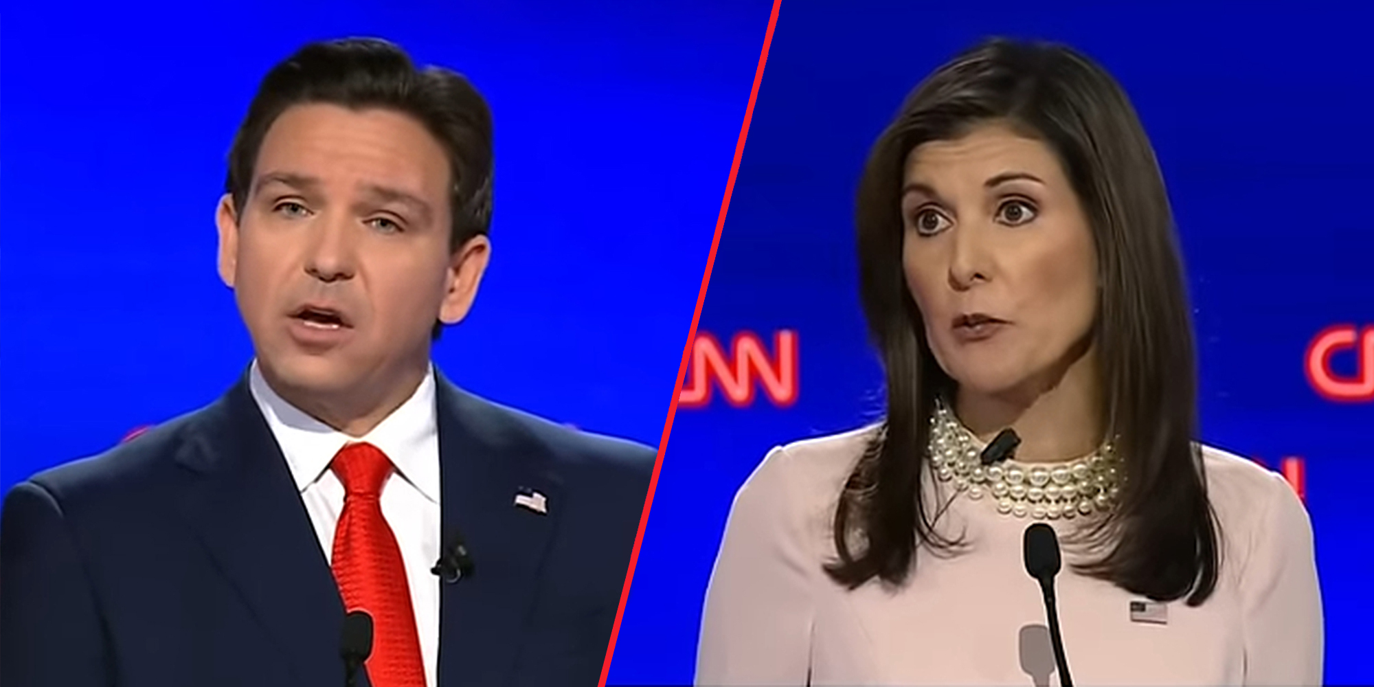 Ron DeSantis speaking in front of blue background (l) Nikki Haley speaking in front of blue background (r)