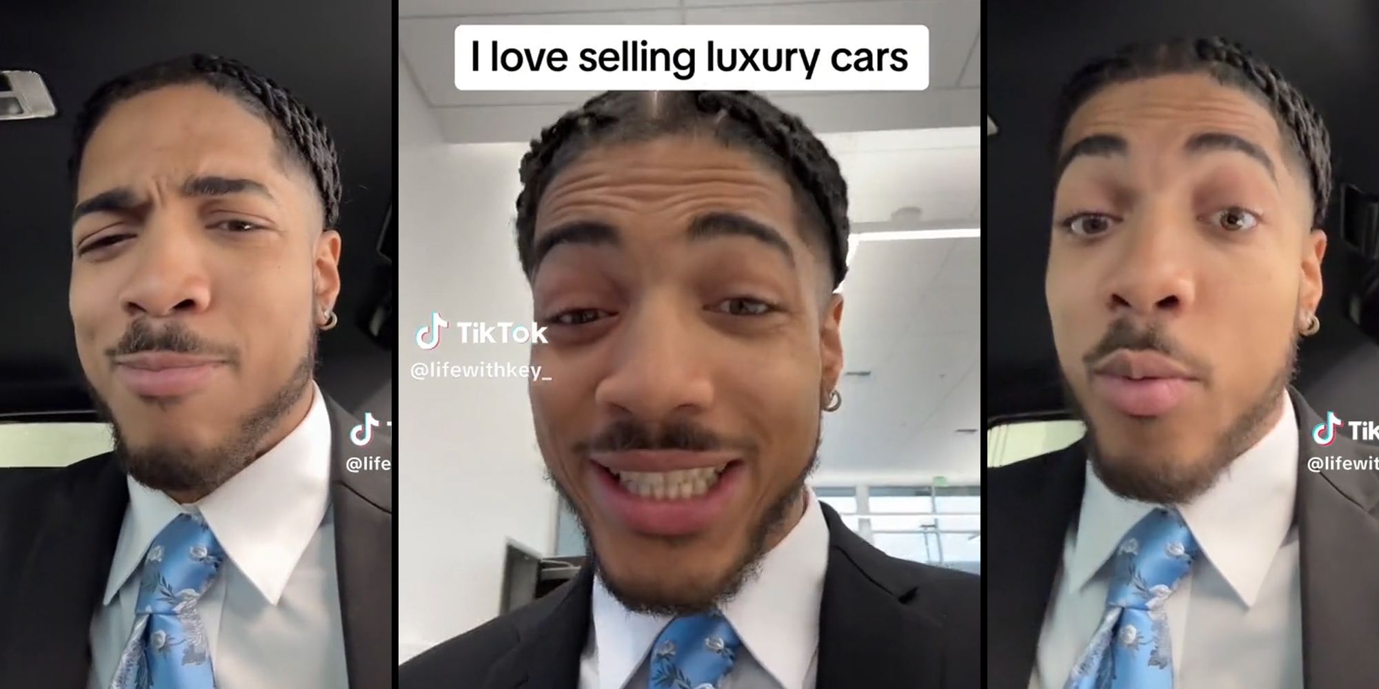 young man in car with caption "I love selling luxury cars"