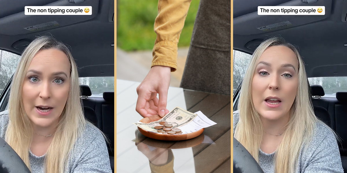 server speaking in car with caption "The non tipping couple" (l) server picking up tip (c) server speaking in car with caption "The non tipping couple" (r)
