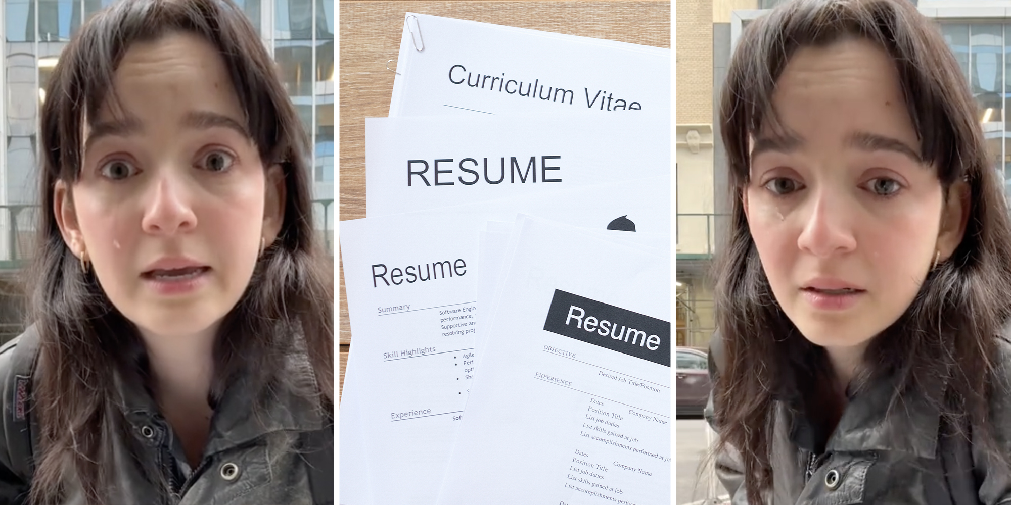 Woman talking with tears in her eyes(l+r), Resumse(c)