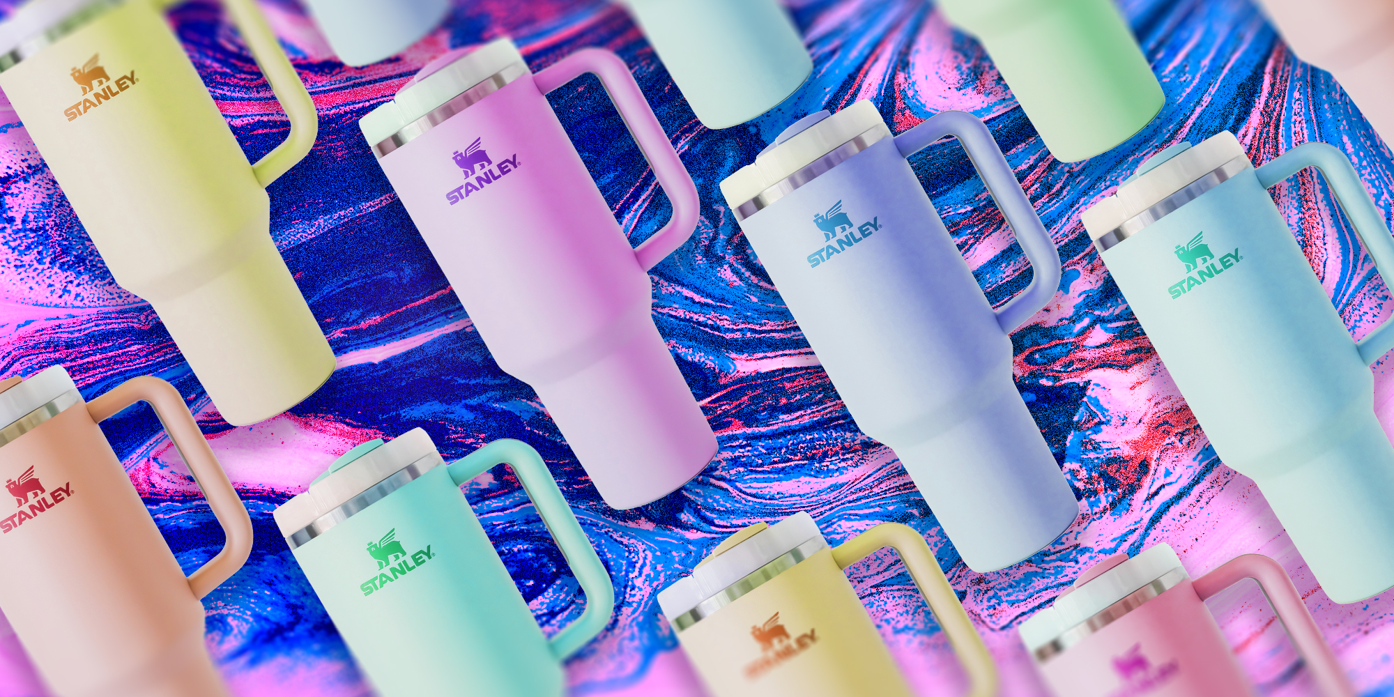 stanley cup memes: Stanley cups floating over abstract background