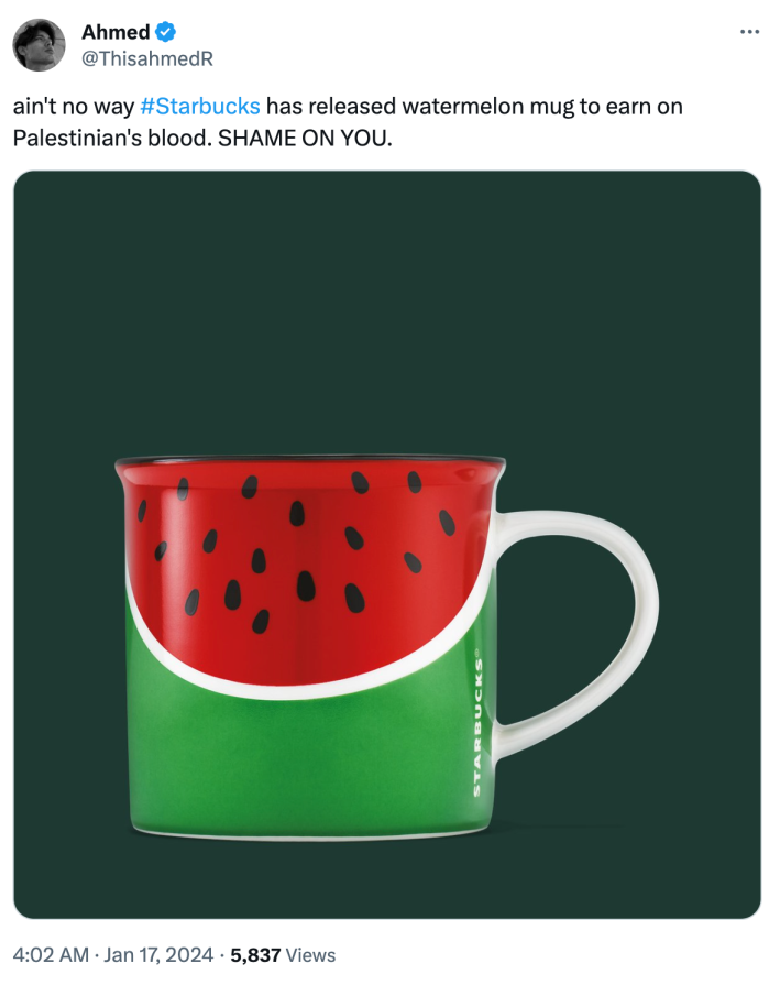 A tweet about Starbucks' watermelon mug