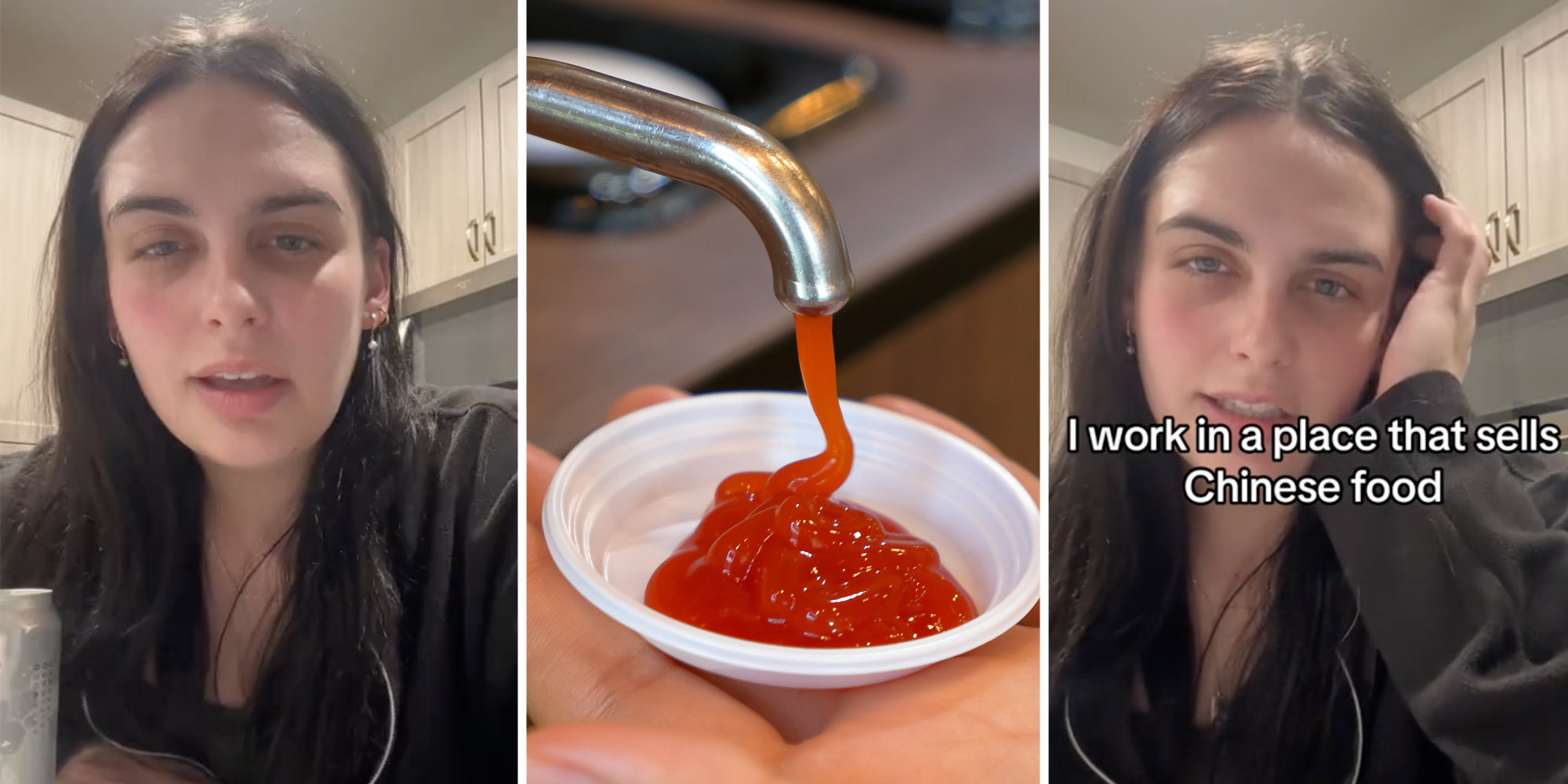 Woman talking(l+r), Ketchup from dispenser(c)