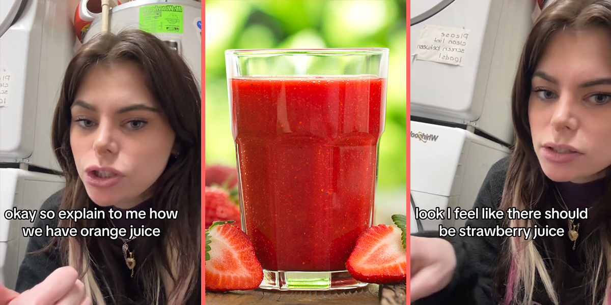 woman speaking with caption "okay so explain to me how we have orange juice" (l) strawberry juice in glass (c) woman speaking with caption "look I feel like there should be strawberry juice" (r)