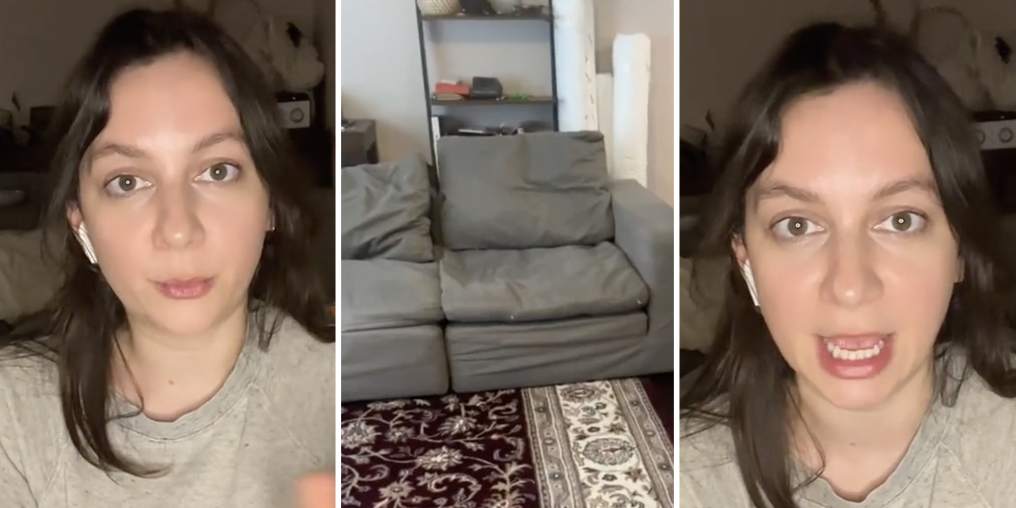 Woman talking(l+r), Couch(c)