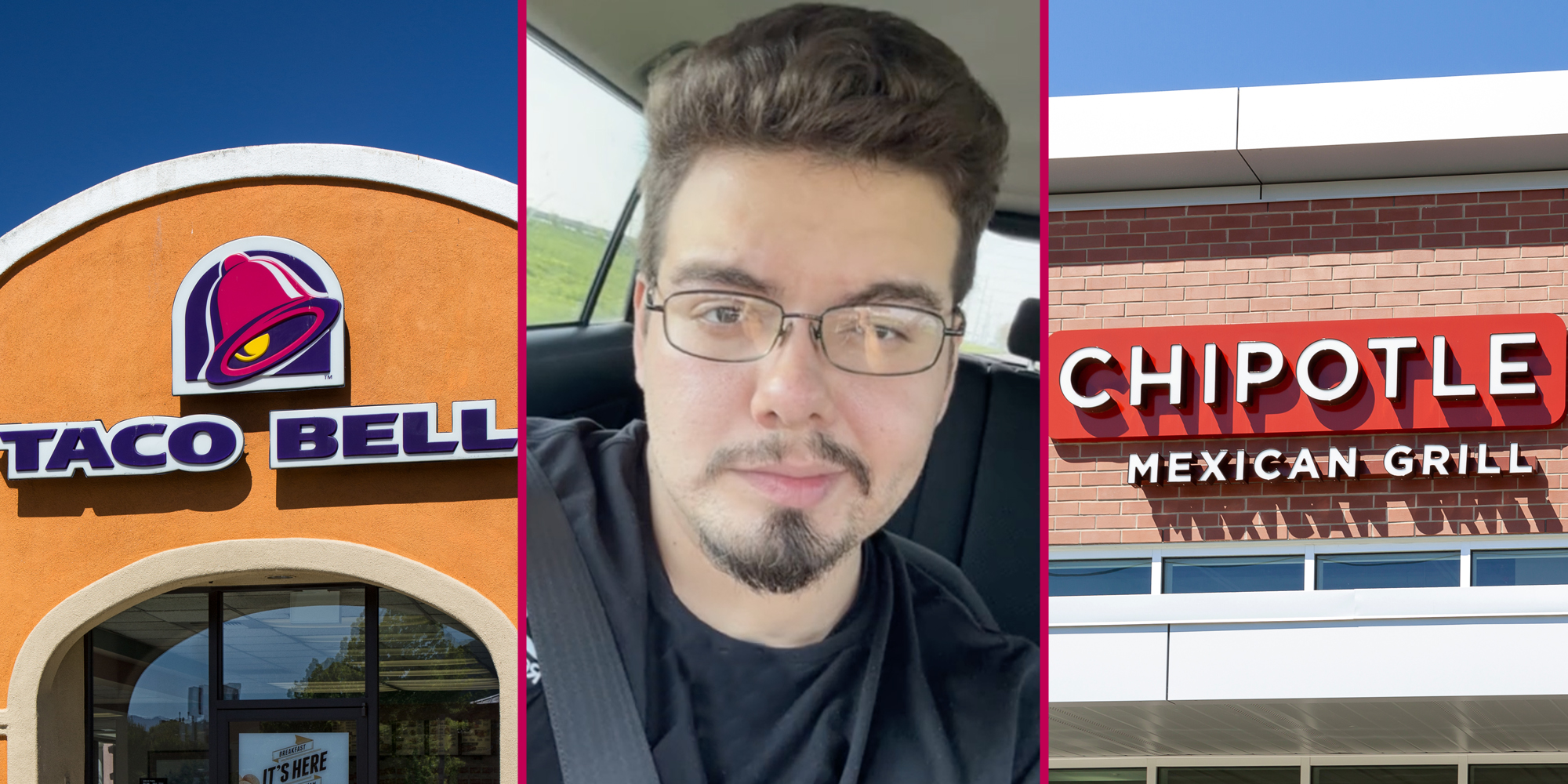 Taco Bell(l), Man smiling(c), Chipotle(r)