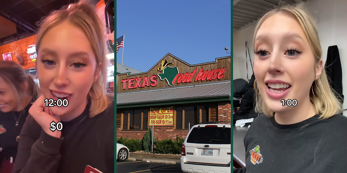 Texas Roadhouse worker with caption "12:00 $0" (l) Texas Roadhouse (c) Texas Roadhouse worker with caption "1:00" (r)