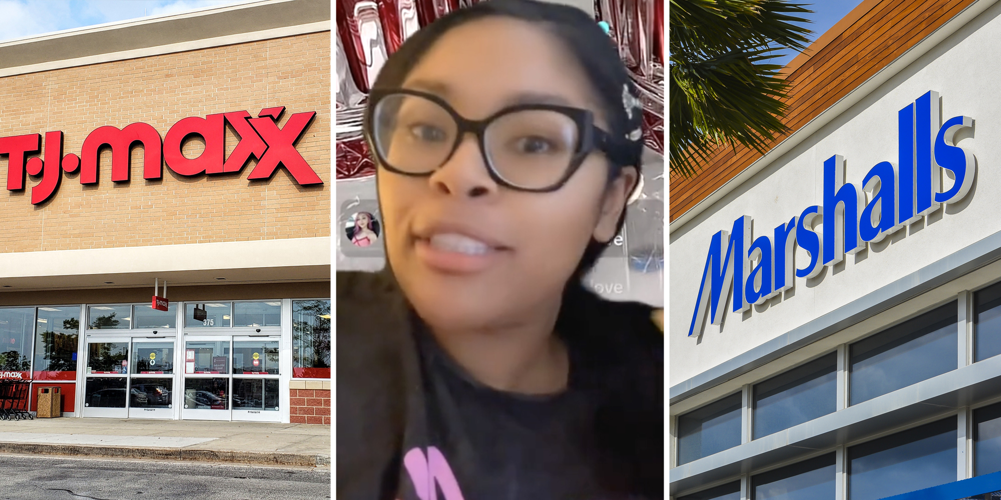 TJ Maxx(l), Woman talking(c), Marshalls(r)